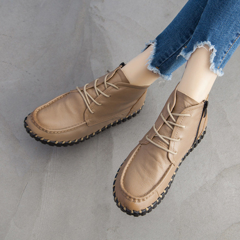 Leather Work Flats - Real Leather Boots Women's Autumn Lace