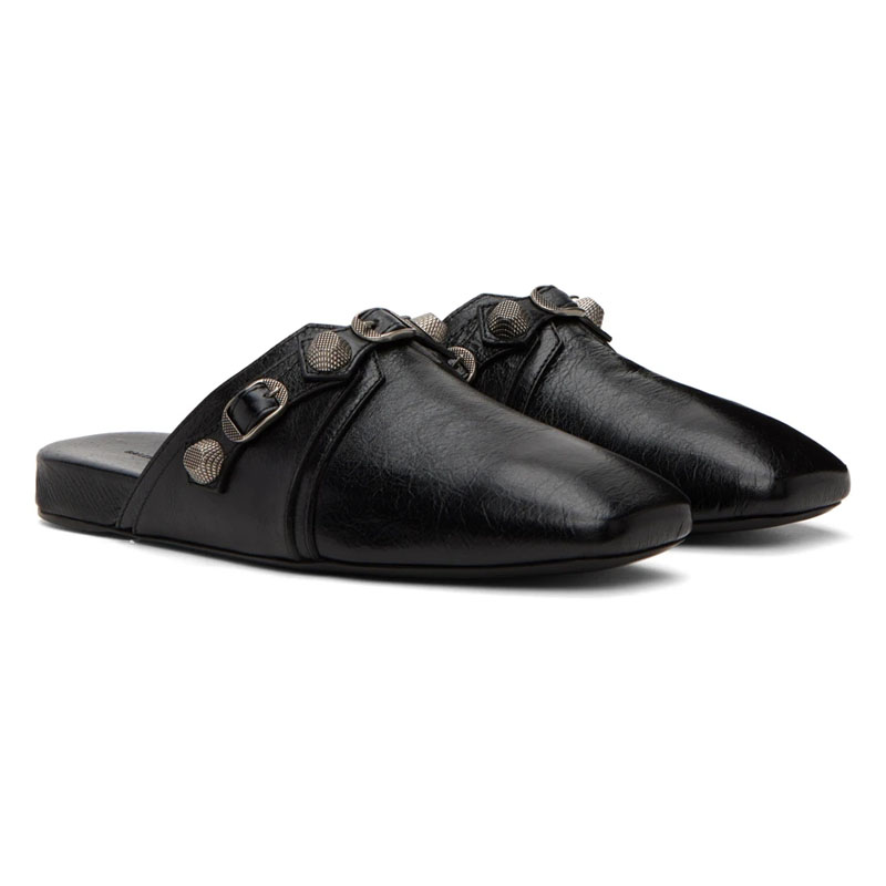 Leather Work Flats - Black Soft Leather Square Toes Half