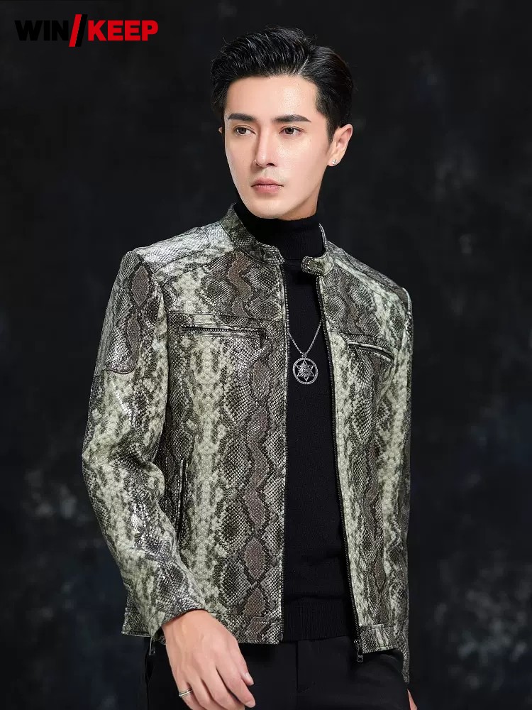 Spring Men Snake Pattern Sheep - مراجعة Leather Work Jacket Mens وسعره