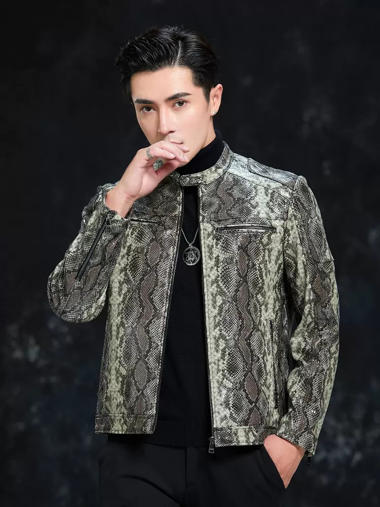 Spring Men Snake Pattern Sheep - مراجعة Leather Work Jacket Mens وسعره